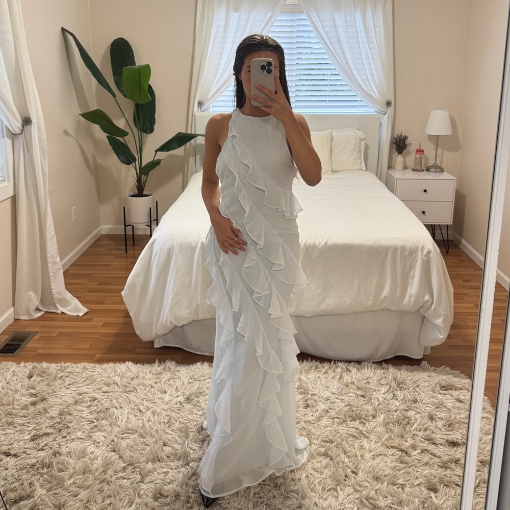 Elegant Baby Blue White Ruffle Dress - Sleeveless Formal Gown